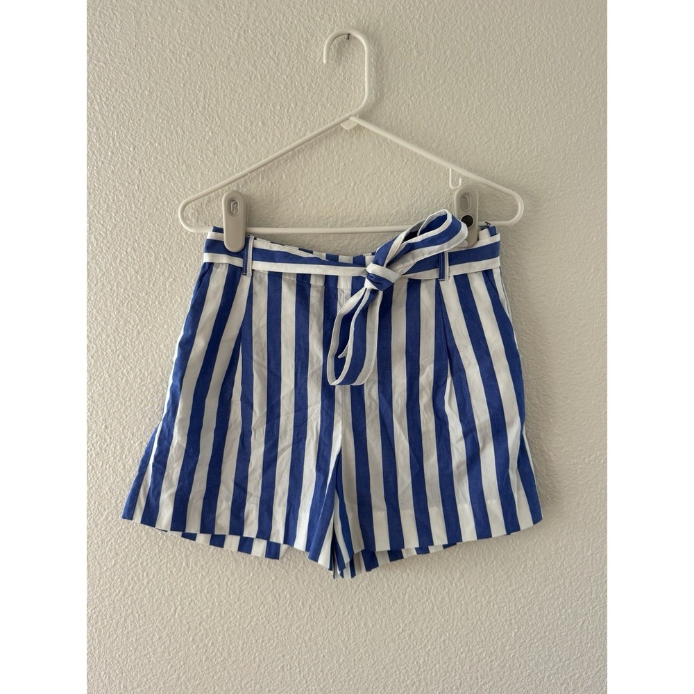 NWT J.Crew Blue White Stripe Tie Waist Shorts Women's Size 6 Cotton Poplin